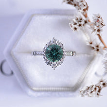 Load image into Gallery viewer, 3 Carat Round Teal Sapphire Halo Gold Engagement Ring