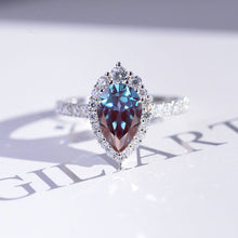 Load image into Gallery viewer, 14K Solid White Gold 3 Carat Alexandrite Pear Cut Halo Moissanite Ring