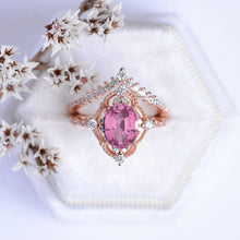 Load image into Gallery viewer, 14K Rose Gold Ring 2CT Oval Vintage Wedding Ring, Oval Pink Sapphire Halo Engagement Ring Set