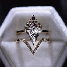 Load image into Gallery viewer, 4 Carat Black Rutile Quartz Kite Shape Step Cut, Tourmalated Quartz Halo Gold Engagement Ring, Eternity Ring Set