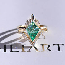 Load image into Gallery viewer, 14K Gold 4 Carat Kite Green Moissanite Halo Engagement Ring, Eternity Ring Set
