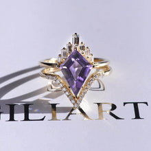 Load image into Gallery viewer, 4 Carat Amethyst Kite Shape Step Cut, Amethyst Halo Gold Engagement Ring, Eternity Ring Set
