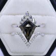 Load image into Gallery viewer, 14K White Gold 4 Carat Kite Dark Gray Blue Moissanite Halo Engagement Ring, Eternity Ring Set