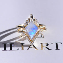 Load image into Gallery viewer, 14K Gold 4 Carat Kite Moonstone Halo Engagement Ring, Eternity Ring Set