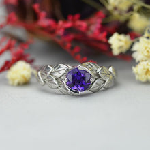 Load image into Gallery viewer, 14K White Gold amethyst leaf engagement ring-6mm Round