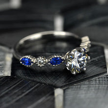 Load image into Gallery viewer, 1.0 Carat Gray Moissanite and Sapphire White Gold Ring I 14K White Gold- 6 Accent