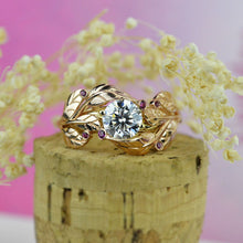 Load image into Gallery viewer, Floral Moissanite Engagement Ring 14K Rose and White Gold-6 Genuine Ruby Accents