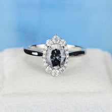 Load image into Gallery viewer, 14K White Gold 3 Carat Oval Dark Gray Blue Moissanite Halo Engagement Ring