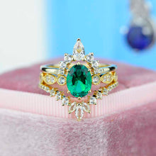 Load image into Gallery viewer, 14K Yellow Gold Oval Emerald Moissanite Halo Engagement Ring with Two Eternity Rings Set