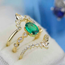 Load image into Gallery viewer, 14K Yellow Gold Oval Emerald Moissanite Halo Engagement Ring with Two Eternity Rings Set