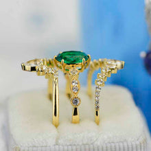 Load image into Gallery viewer, 14K Yellow Gold Oval Emerald Moissanite Halo Engagement Ring with Two Eternity Rings Set