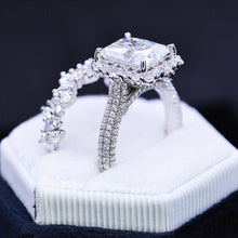 Load image into Gallery viewer, 3Ct Moissanite Engagement Ring Halo Radiant Cut Moissanite Engagement Ring, 9x7mm Radiant Cut Moissanite Engagement Ring with Eternity band