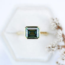 Load image into Gallery viewer, 3 Carat Green Moissanite Engagement Ring, Bezel Set Emerald Cut Moissanite Engagement Ring, Moissanite Classic Engagement 14K Yellow Gold Ring3 Carat Green Moissanite Engagement Ring, Bezel Set Emerald Cut Moissanite Engagement Ring, Moissanite Classic Engagement 14K Yellow Gold Ring