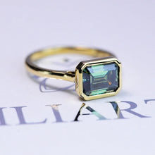 Load image into Gallery viewer, 3 Carat Green Moissanite Engagement Ring, Bezel Set Emerald Cut Moissanite Engagement Ring, Moissanite Classic Engagement 14K Yellow Gold Ring
