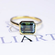 Load image into Gallery viewer, 3 Carat Green Moissanite Engagement Ring, Bezel Set Emerald Cut Moissanite Engagement Ring, Moissanite Classic Engagement 14K Yellow Gold Ring