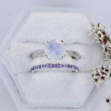 Load image into Gallery viewer, 2 Carat Genuine Moonstone 14K White Gold Engagement. Eternity Ring. Set of Two Rings. Opal Leaf Floral Ring Design, Two Ring Set