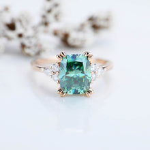 Load image into Gallery viewer, 2.5Ct Cushion Green Moissanite Vintage Engagement Ring, Cushion Moissanite Engagement Ring, Marquise Side Accents Stones 14K Rose Gold Ring
