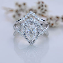 Load image into Gallery viewer, 14K White Gold 1.5 Carat Pear Moissanite Halo Twisted Engagement Ring Eternity Ring Set