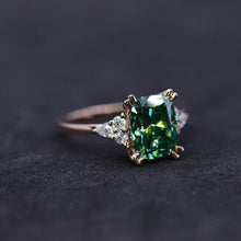 Load image into Gallery viewer, 2.5Ct Cushion Green Moissanite Vintage Engagement Ring, Cushion Moissanite Engagement Ring, Marquise Side Accents Stones 14K Rose Gold Ring