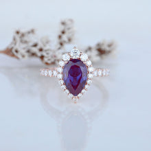 Load image into Gallery viewer, 14K Solid White Gold 3 Carat Alexandrite Pear Cut Halo Moissanite Ring