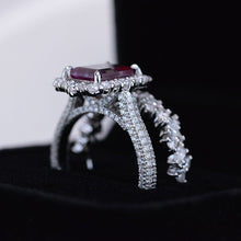 Load image into Gallery viewer, 3Ct Alexandrite Engagement Ring Halo Emerald Cut Alexandrite Engagement Ring, 9x7mm Step Cut Alexandrite Engagement Ring with Eternity Band