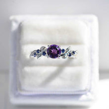 Load image into Gallery viewer, 7mm Round Amethyst Sapphire Floral White Gold Engagement Ring