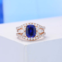 Load image into Gallery viewer, 2Ct Cushion Cut Sapphire Vintage Engagement Ring, Cushion Sapphire Engagement Ring, Marquise Side Accents Stones 14K Rose Gold Ring Set