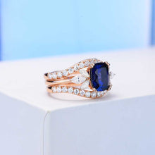 Load image into Gallery viewer, 2Ct Cushion Cut Sapphire Vintage Engagement Ring, Cushion Sapphire Engagement Ring, Marquise Side Accents Stones 14K Rose Gold Ring Set