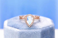 Load image into Gallery viewer, Rose Gold Plated Silver Dainty Natural Moonstone Ring Set, 2ct Pear Cut Moonstone Halo Ring Set, Rose Gold Ring Unique Curved Vintage Ring