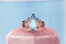 Load image into Gallery viewer, Rose Gold Plated Silver Dainty Natural Moonstone Ring Set, 2ct Oval Cut Moonstone Vintage Ring Set, Rose Gold Ring Unique Curved Ring