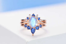 Load image into Gallery viewer, Rose Gold Plated Silver Dainty Natural Moonstone Ring Set, 2ct Oval Cut Moonstone Vintage Ring Set, Rose Gold Ring Unique Curved Ring