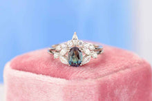 Load image into Gallery viewer, Rhodium Plated Silver Dainty Alexandrite Ring Set, 1.5ct Oval Cut Alexandrite Ring Set, Silver Ring Unique Curved Marquise Cut Ring Set