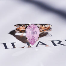 Load image into Gallery viewer, 3 Carat Pear Pink Sapphire 14K Rose Gold Engagement. Eternity Ring. Set of Two Rings. Leaf Floral Ring Design