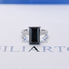Load image into Gallery viewer, 4ct Emerald Cut Dark Gray-Blue Moissanite Engagement Ring, 4 Carat Emerald Cut 11x7mm Moissanite Engagement Ring, Hidden Halo Ring