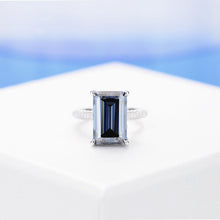 Load image into Gallery viewer, 4ct Emerald Cut Dark Gray-Blue Moissanite Engagement Ring, 4 Carat Emerald Cut 11x7mm Moissanite Engagement Ring, Hidden Halo Ring