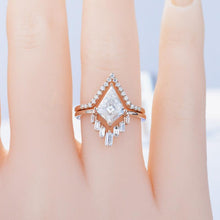 Load image into Gallery viewer, 14K Rose Gold 3 Carat Kite Moissanite Halo Engagement Ring, Eternity Ring Set