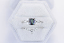 Load image into Gallery viewer, Rhodium Plated Silver Dainty Alexandrite Ring Set, 1ct Oval Cut Alexandrite Ring Set, Silver Ring Unique Curved Marquise Cut Ring Set