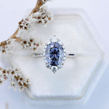 Load image into Gallery viewer, 14K White Gold 3 Carat Oval Dark Gray Grey Blue Moissanite Halo Engagement Ring
