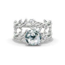 Load image into Gallery viewer, 2 Carat Genuine Moss Agate Twig Floral White Gold Engagement Ring Set