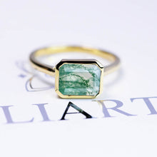 Load image into Gallery viewer, 3 Carat Green Moss Agate Engagement Ring, Bezel Set Emerald Cut Moss Agate Engagement Ring, Moissanite Classic Engagement 14K Yellow Gold Ring