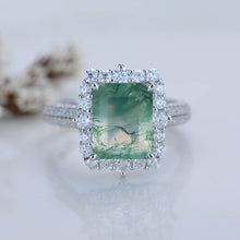 Load image into Gallery viewer, 4Ct natural Moss Agate Engagement Ring Halo Emerald Step Cut Engagement Ring
