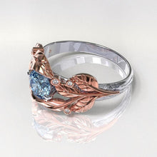 Load image into Gallery viewer, 1.0 Carat Blue Aquamarine and Diamond Accents 14K Rose White Gold Engagement Leaf Ring, Leaves Wedding