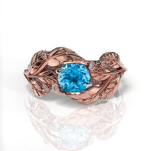 Load image into Gallery viewer, 1.0 Carat Blue Aquamarine and Diamond Accents 14K Rose White Gold Engagement Leaf Ring, Leaves Wedding