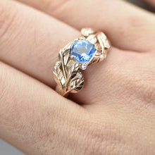 Load image into Gallery viewer, 1.0 Carat Blue Aquamarine and Diamond Accents 14K Rose White Gold Engagement Leaf Ring, Leaves Wedding