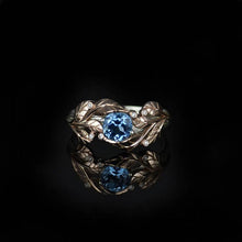 Load image into Gallery viewer, 1.0 Carat Blue Aquamarine and Diamond Accents 14K Rose White Gold Engagement Leaf Ring, Leaves Wedding