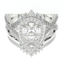 Load image into Gallery viewer, Pear shape Moissanite engagement ring set, White gold, halo vintage moissanite band, Chevron ring, twisted band Vintage anniversary ring set