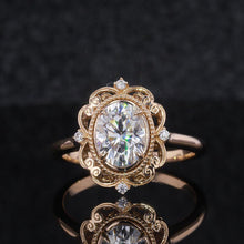 Load image into Gallery viewer, 14K Rose Gold Vintage Moissanite Ring, Luxury Prong Setting Oval Cut Halo Engagement Ring 2ct Carat Oval Moissanite Victorian Ring