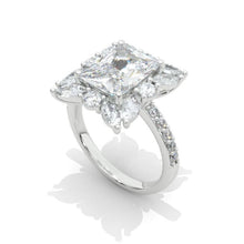 Load image into Gallery viewer, 2Ct Moissanite Halo Engagement Ring, Solitaire Emerald Shape Radiant Cut Moissanite Engagement Ring, Side Accents Stones 14K Yellow Gold