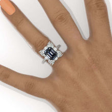 Load image into Gallery viewer, 2Ct Radiant Cut Dark Gray Blue Moissanite Halo Engagement Ring, Radiant Cut Moissanite Engagement Ring, Side Accents Stones 14K Yellow Gold