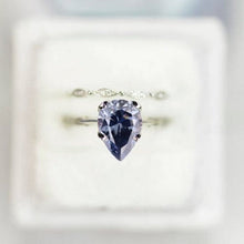 Load image into Gallery viewer, 3 Carat Pear Dark Grey -Blue, Gray Moissanite 14K Rose Gold Engagement. Eternity Ring. Set of Two Rings. Leaf Floral Ring Design